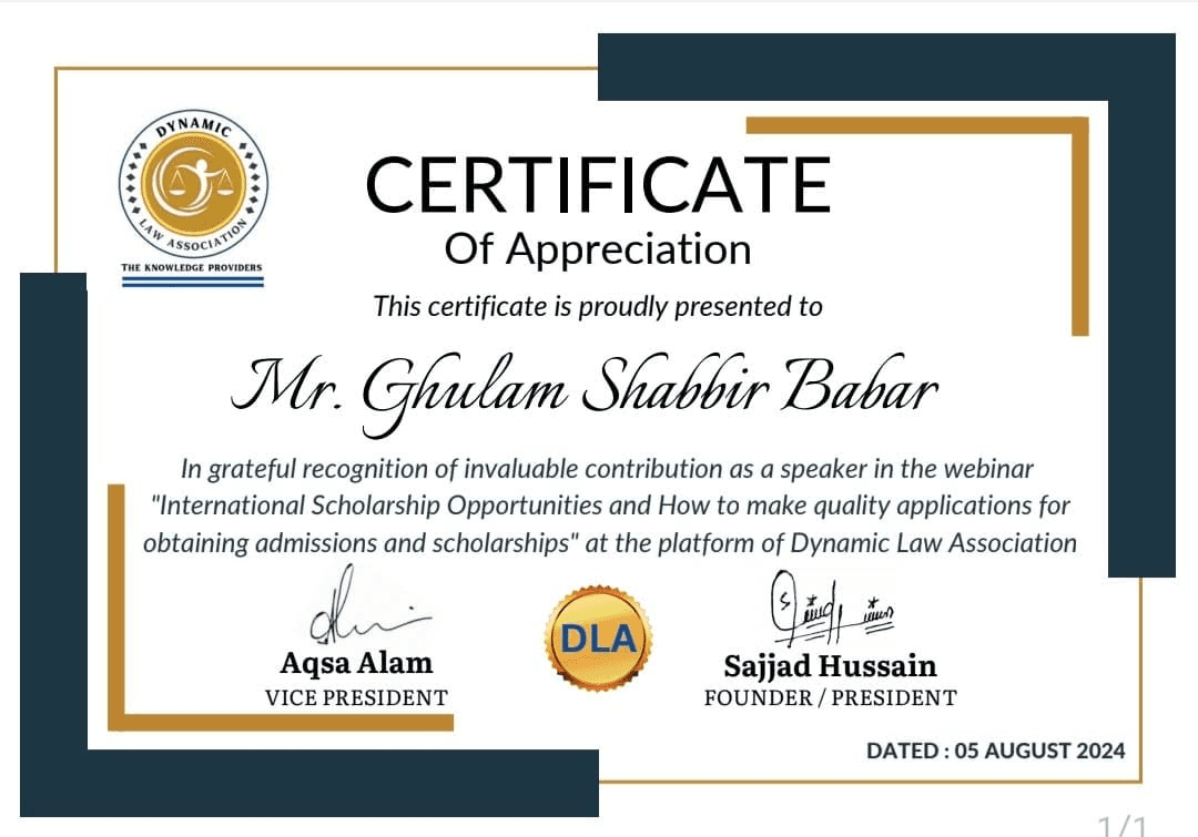 Certificate of appreciation, Dynamic Law Association, August 2024