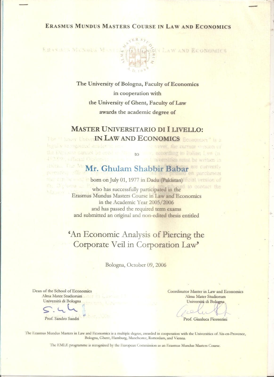 Master Universitario di I Livello in Law and Economics, University of Bologna
