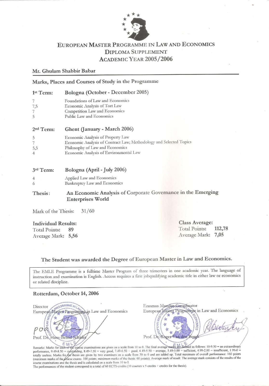 EMLE diploma supplement, academic year 2005 to 2006