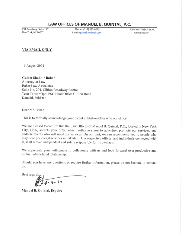 Letter from the Law Offices of Manuel B. Quintal, P.C.