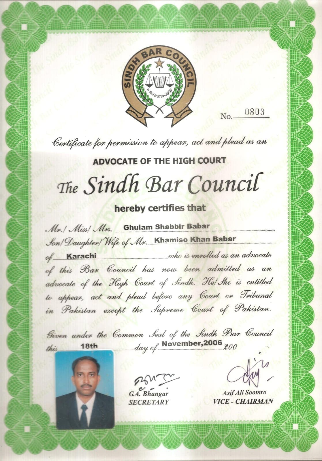 Sindh Bar Council certificate, Advocate of the High Court