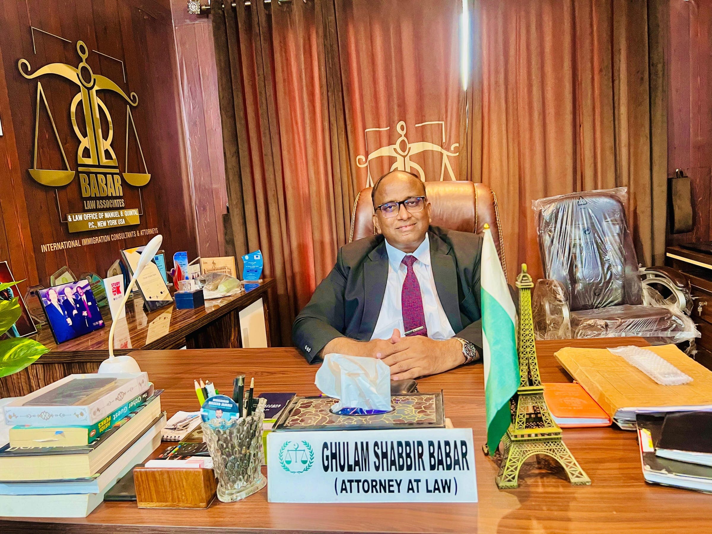 Ghulam Shabbir Babar at his desk, Babar Law Associates, Karachi