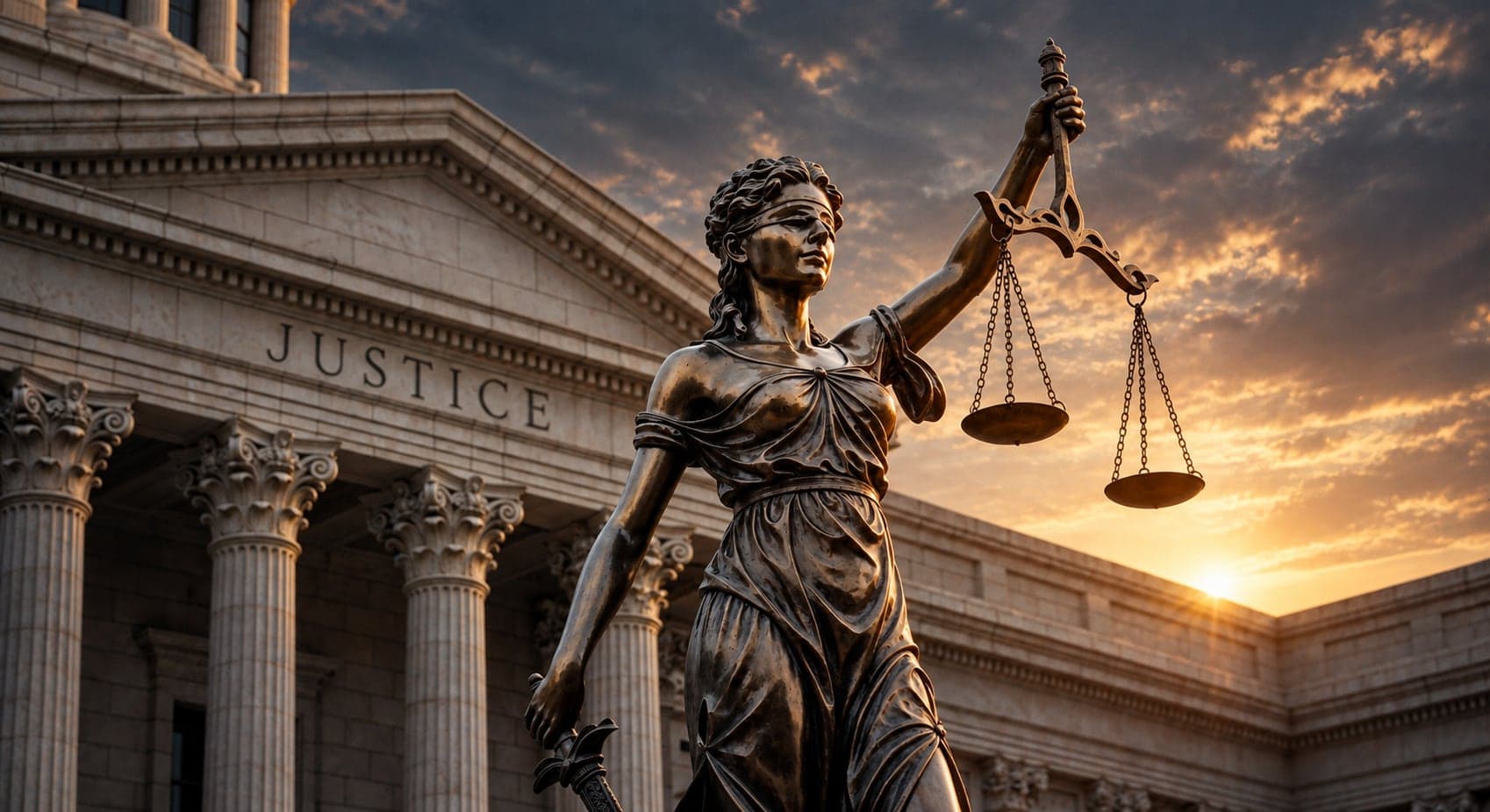 Statue of Lady Justice before a court building at sunset